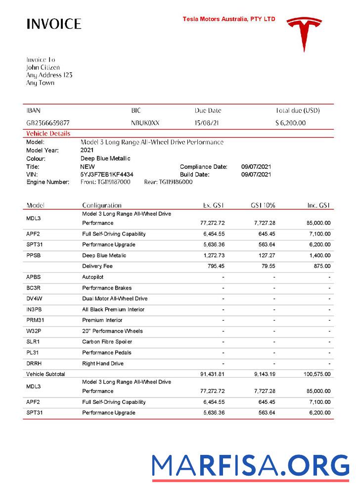 Blank USA Tesla invoice sample
